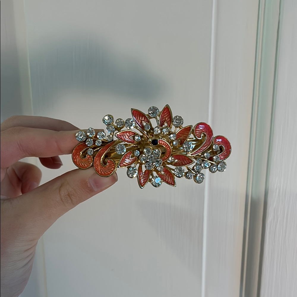 Gold and Red Peacock Floral Rhinestone Hair Clip